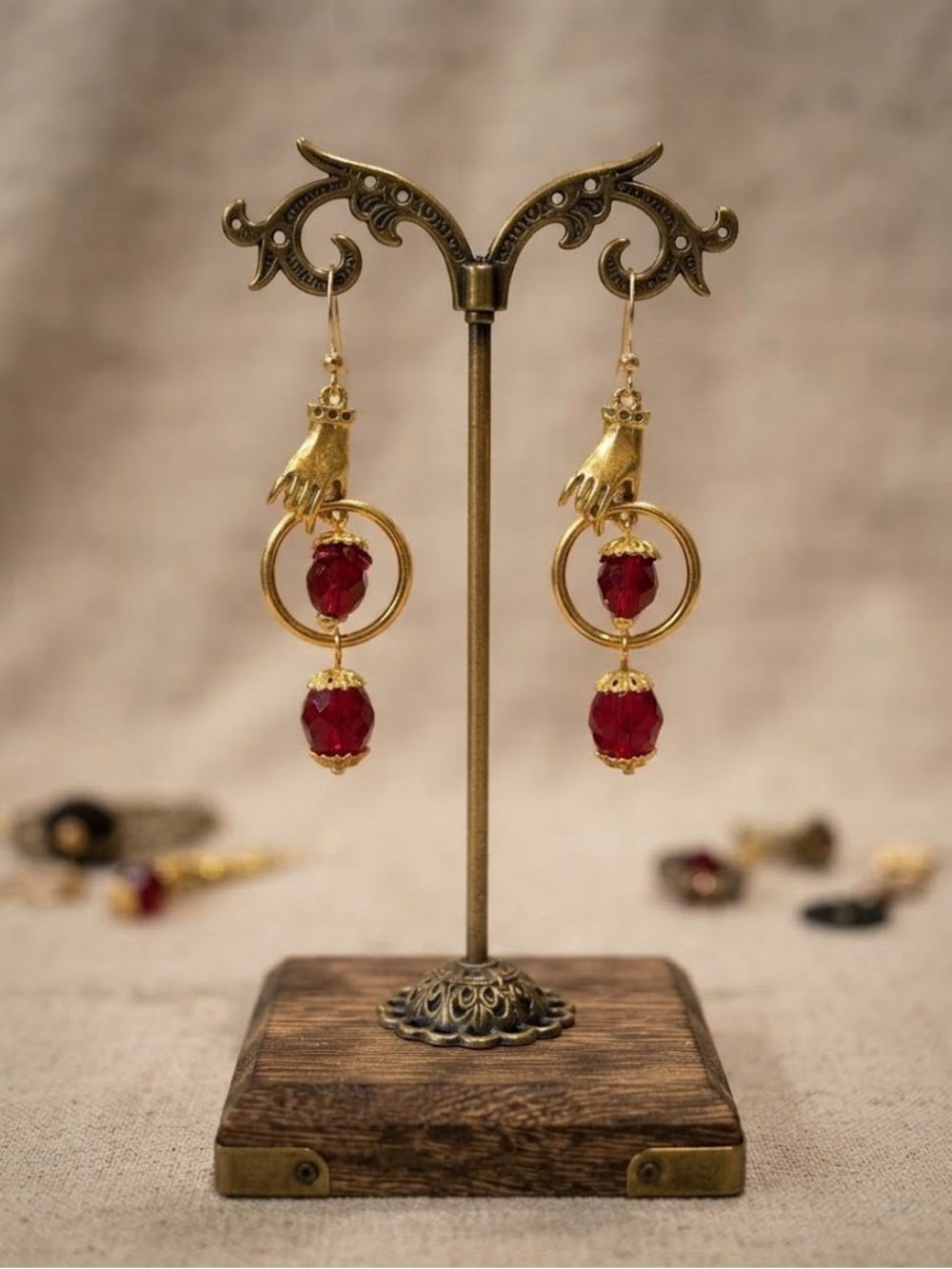Artisan Gold Hand Hoop Earrings with Deep Red Faceted Glass Drops 🧁